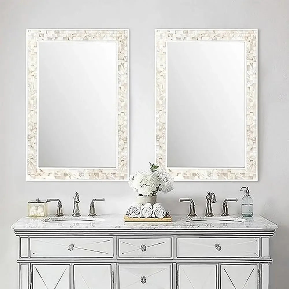 Rectangle Mother of Pearl Framed Wall Mirror 20x28 Inches Tempered Glass Coastal Style for Bathroom Bedroom Living Room Entryway - Happy Home Retreat