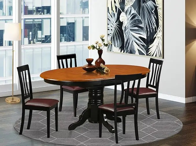 5 Piece Oval Dining Table Set 42x60 Butterfly Leaves Linen Upholstered Chairs - Happy Home Retreat