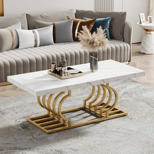 Tribesigns Coffee Table 47 Inches Faux Marble Cocktail Table with Geometric Frame - Happy Home Retreat