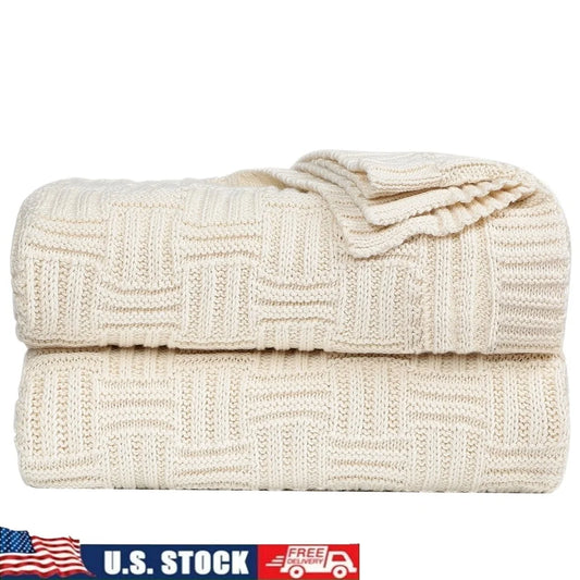 Cotton Knitted Decorative Throw Blanket Soft Warm Breathable Couch Sofa Bed Classic Cable Design Machine Washable Gift - Happy Home Retreat