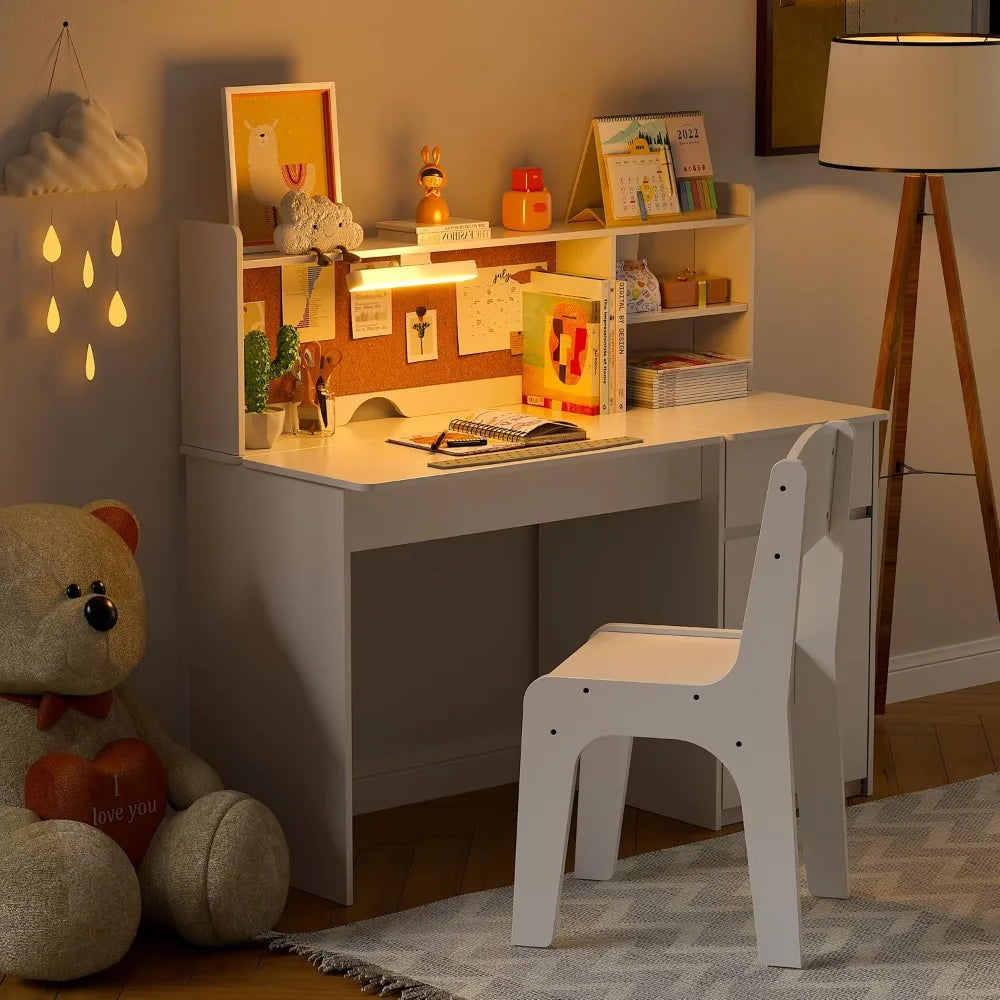 Children's Study Desk and Chair Set with Three Color Lights Wooden Storage Table for Kids - Happy Home Retreat