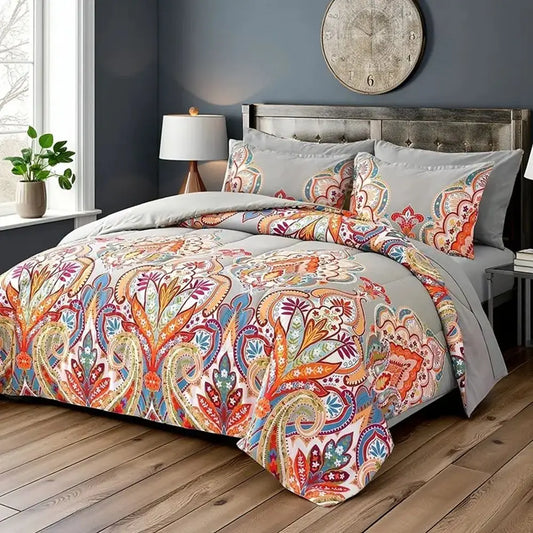 3 Piece King Boho Comforter Set Gray Rainbow Lightweight Microfiber Reversible - Happy Home Retreat