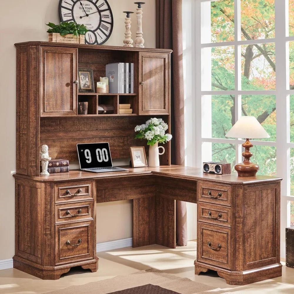 59 Inch L Shaped Executive Desk with Hutch Farmhouse Wood Computer Desk Featuring Charging Station File Drawer Storage Cabinet - Happy Home Retreat
