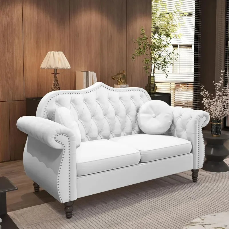 Chesterfield 3 Piece White Velvet Tufted Nailhead Sofa Set - Happy Home Retreat