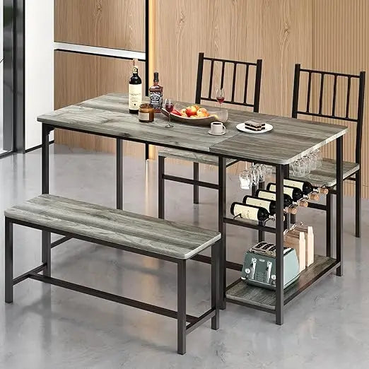 Rustic Grey 55 Inch Dining Table Set For 4 With Wine Rack - Happy Home Retreat