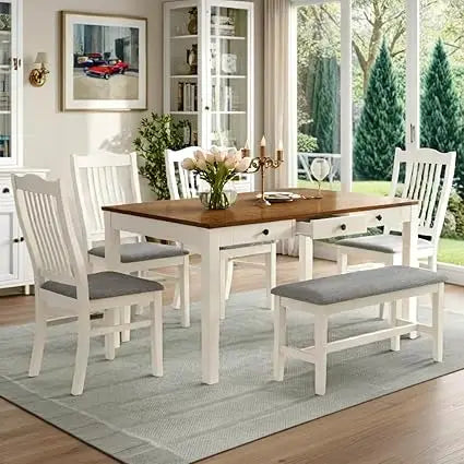 6 Piece Solid Wood Dining Table Set with 4 Upholstered Chairs Bench and Storage Drawers Butter Milk - Happy Home Retreat