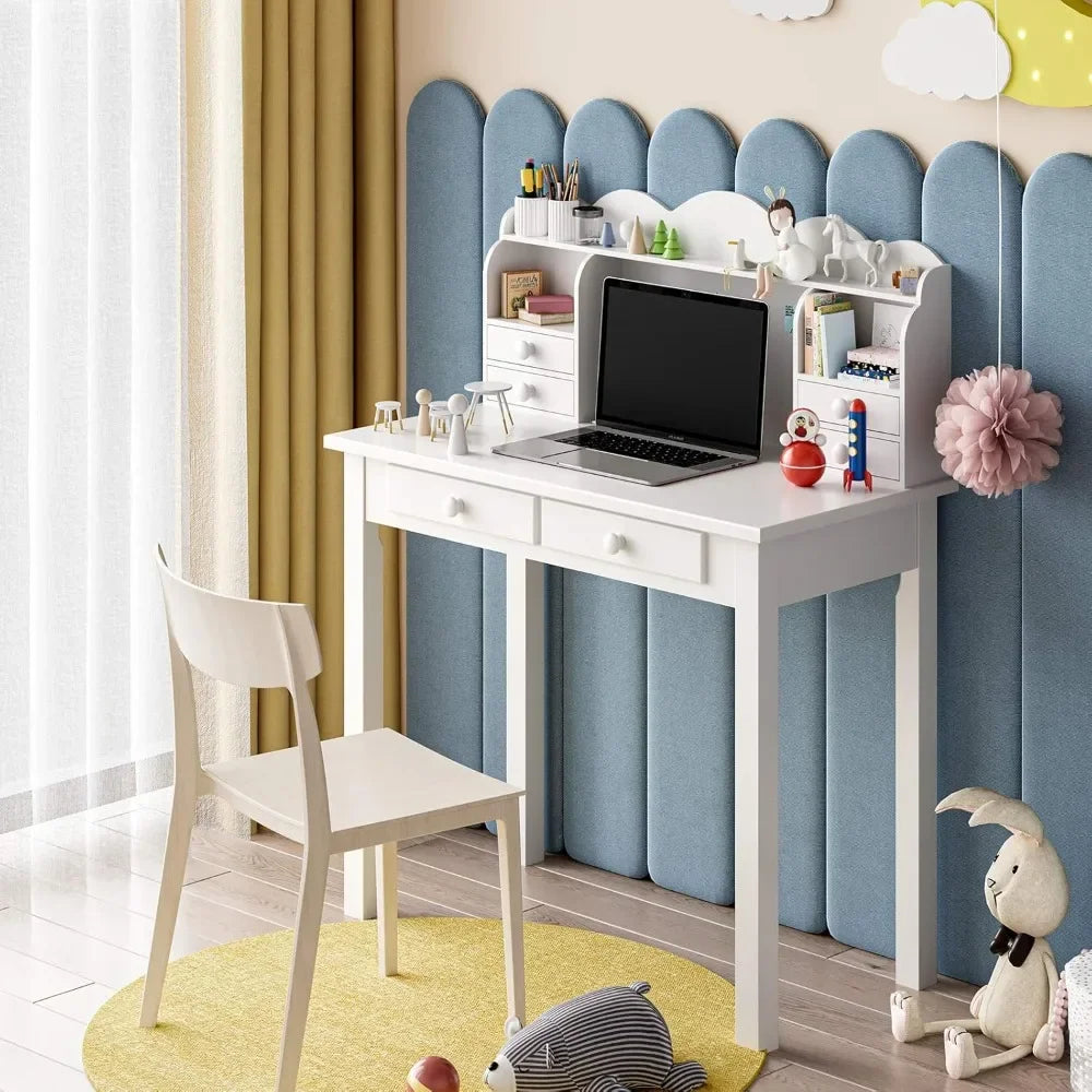 Small White Writing Desk with Hutch and USB Ports 31.5 Inch Home Office Desk with Drawers Study Table for Kids and Students - Happy Home Retreat