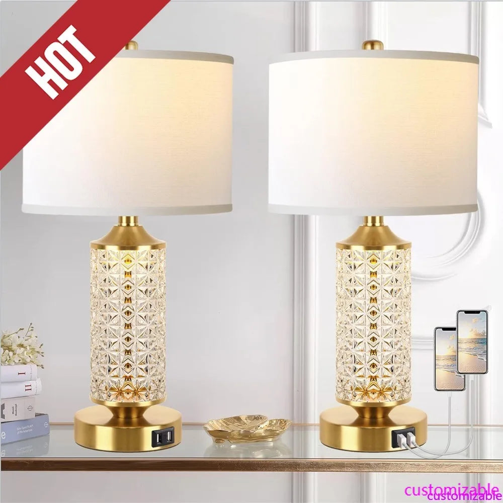 Set Of 2 Modern Table Lamps With USB Ports And Night Light For Bedroom - Happy Home Retreat