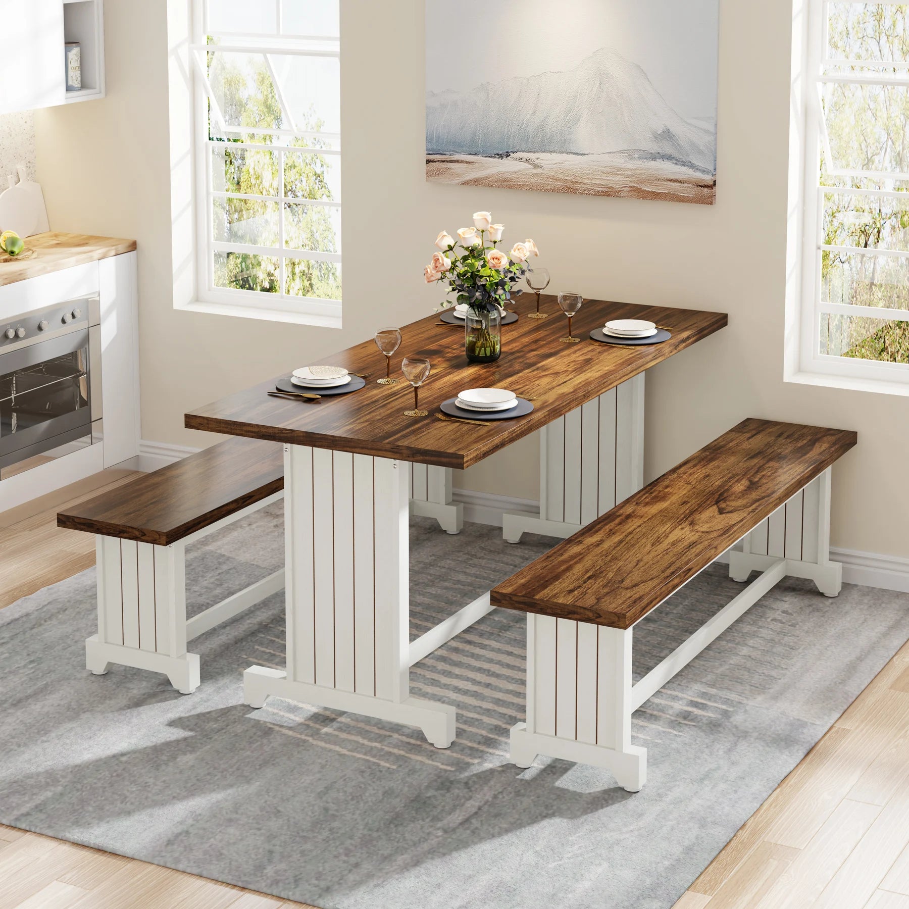 Tribesigns 47 Inch Dining Table Set for Two with Two Benches Farmhouse Wood - Happy Home Retreat
