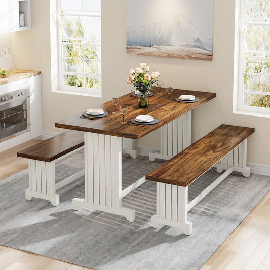 Tribesigns 47 Inch Dining Table Set for Two with Two Benches Farmhouse Wood - Happy Home Retreat