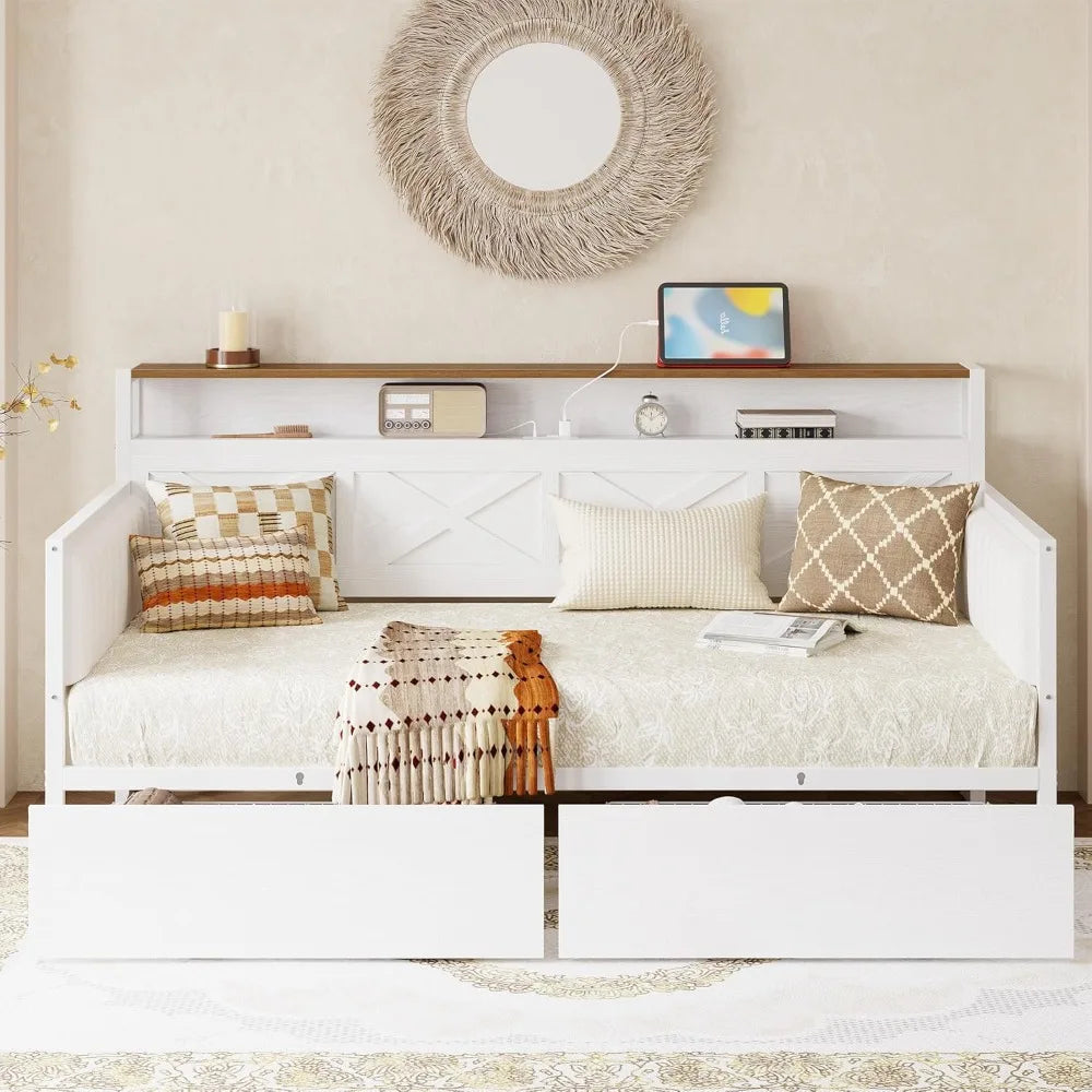Twin Size Daybed with Storage Drawers Sturdy Metal Frame Charging Station Upholstered Farmhouse Style - Happy Home Retreat