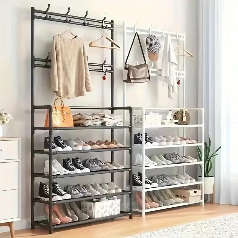 Double Row Iron Clothes Hanger and Shoe Rack for Hallway Storage of Shoes Jackets Hats Bags and Umbrellas - Happy Home Retreat