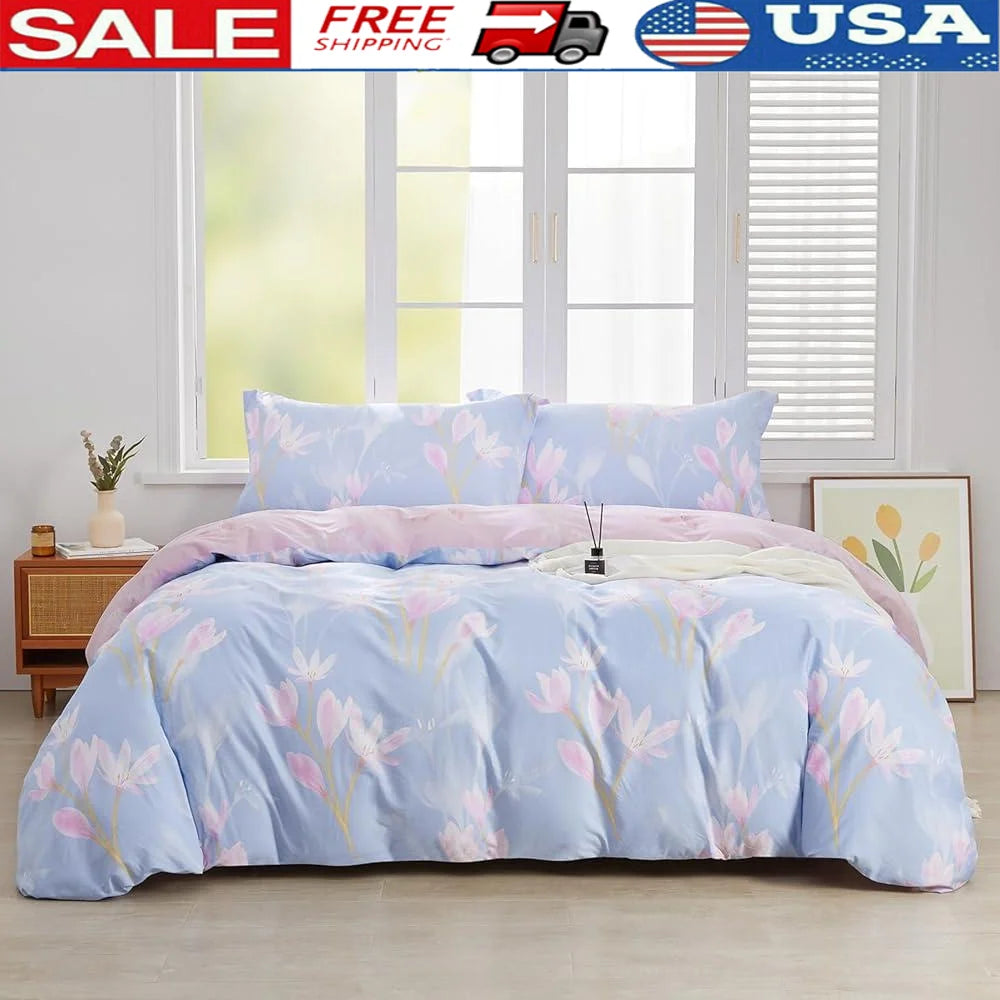 Floral Cotton Duvet Cover Set Full Size 3pcs Magnolia Blossom Printed Comforter Cover Soft Durable Machine Washable Bedding - Happy Home Retreat