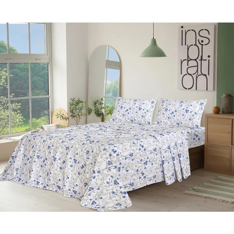 100 Percent Cotton Queen Size Sheet Set 4 Pieces Soft Breathable Percale Weave Deep Pocket 16 Inch Hotel Standard Crisp Cool Durable Floral Bed Sheet - Happy Home Retreat