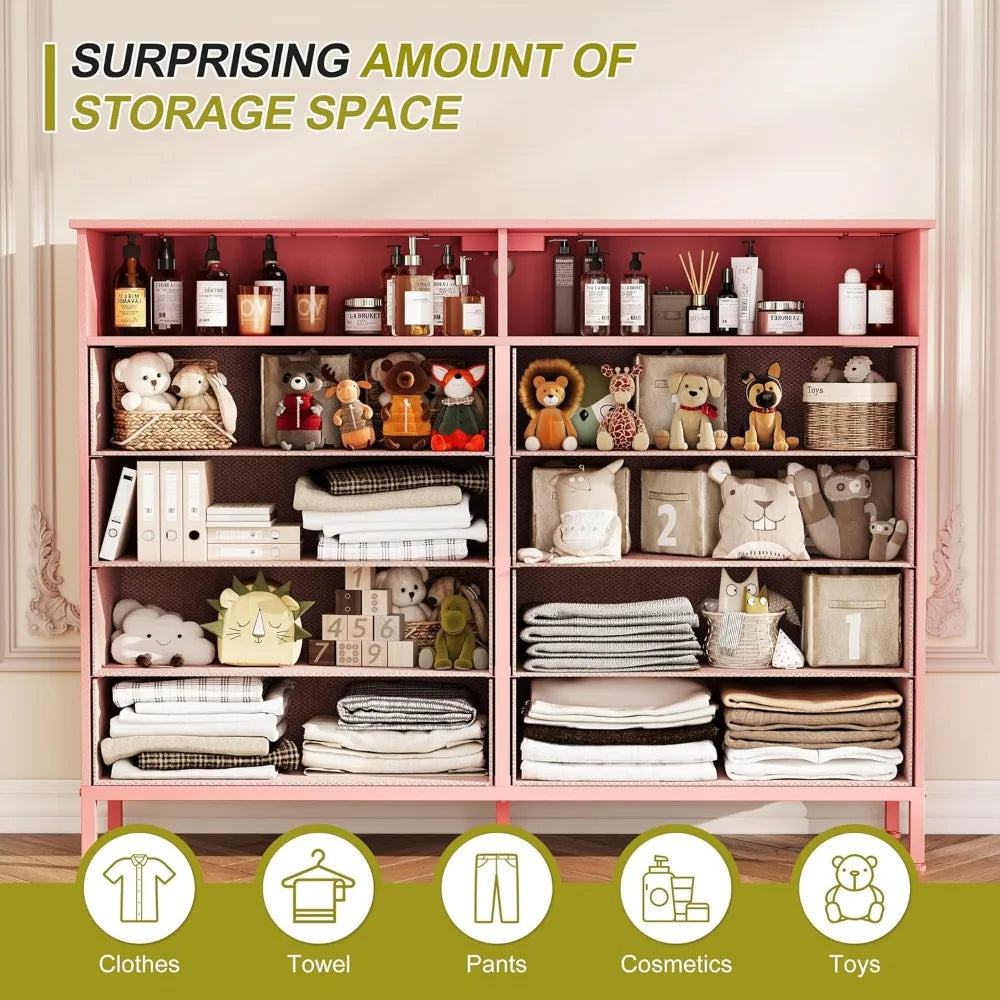 Pink Bedroom Dresser with LED Lights and Charging Station, 8 Fabric Drawers - Happy Home Retreat