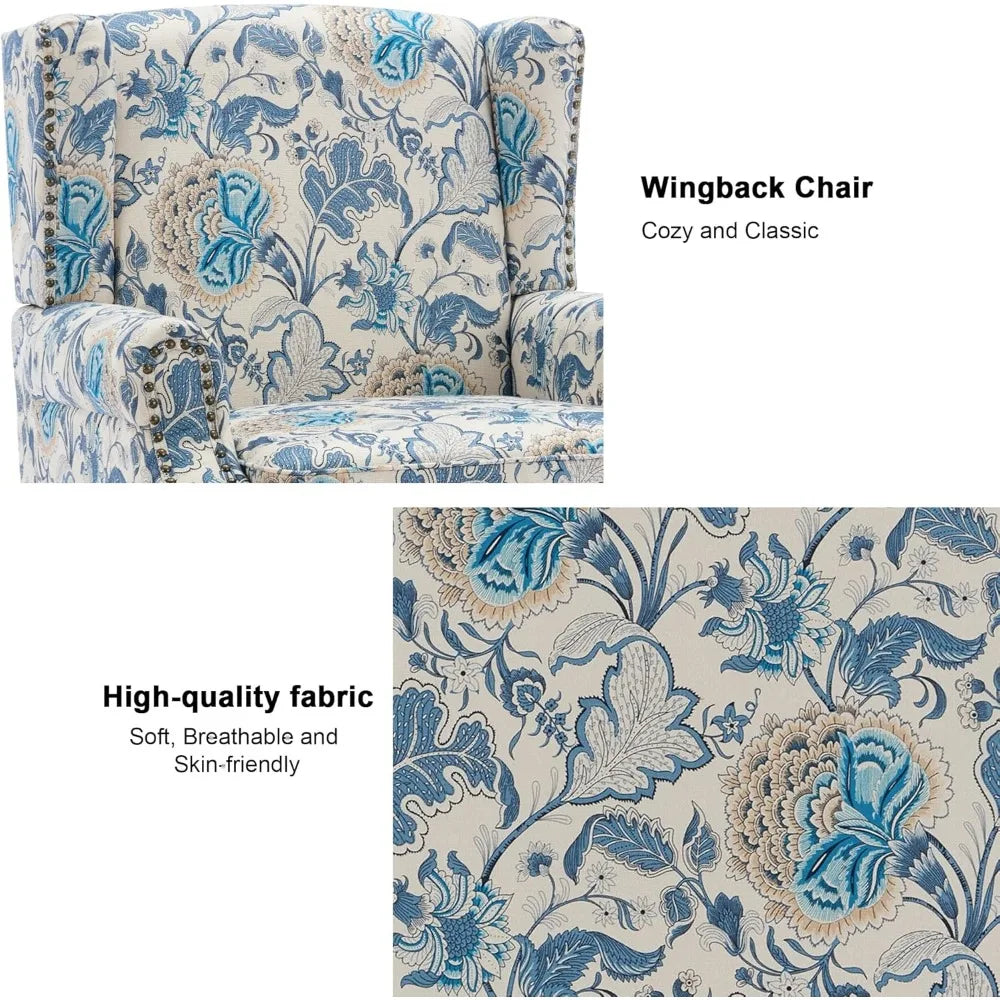 Floral Boho Wingback Blue Accent Chair With Nailhead Trim - Happy Home Retreat
