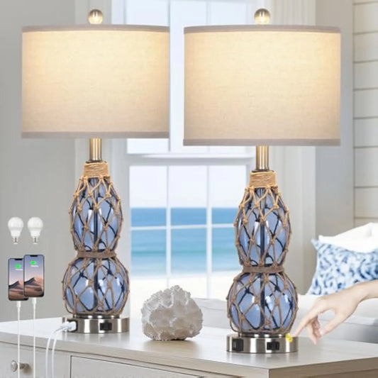 26 Coastal Glass Table Lamps Set of 2 3 Way Dimmable Touch Lamps with USB Ports and AC Outlet Nautical Bedside Lamps for Bedroom - Happy Home Retreat