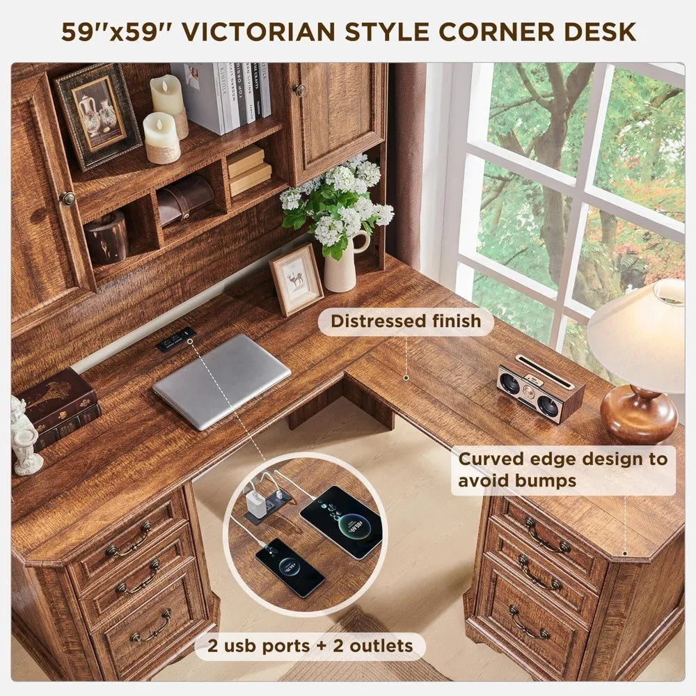 59 Inch L Shaped Executive Desk with Hutch Farmhouse Wood Computer Desk Featuring Charging Station File Drawer Storage Cabinet - Happy Home Retreat
