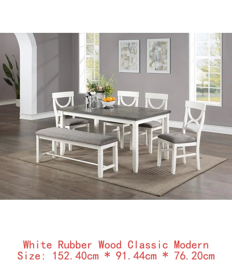 White 6 Piece Dining Set Table Four Side Chairs And Bench Rubberwood MDF - Happy Home Retreat