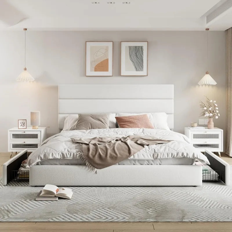 King Size Platform Bed Frame With 4 Storage Drawers And Velvet Headboard - Happy Home Retreat