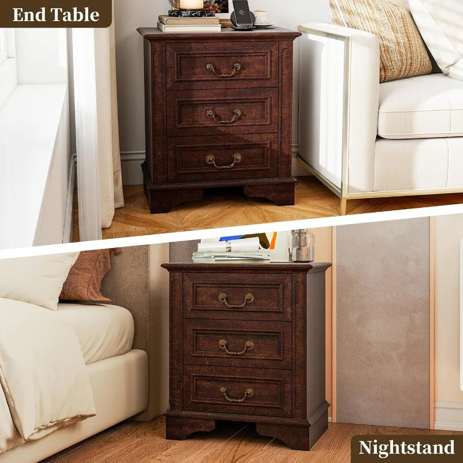 Dark Brown Wooden Bedside Table With Charging Station And 3 Drawers - Happy Home Retreat