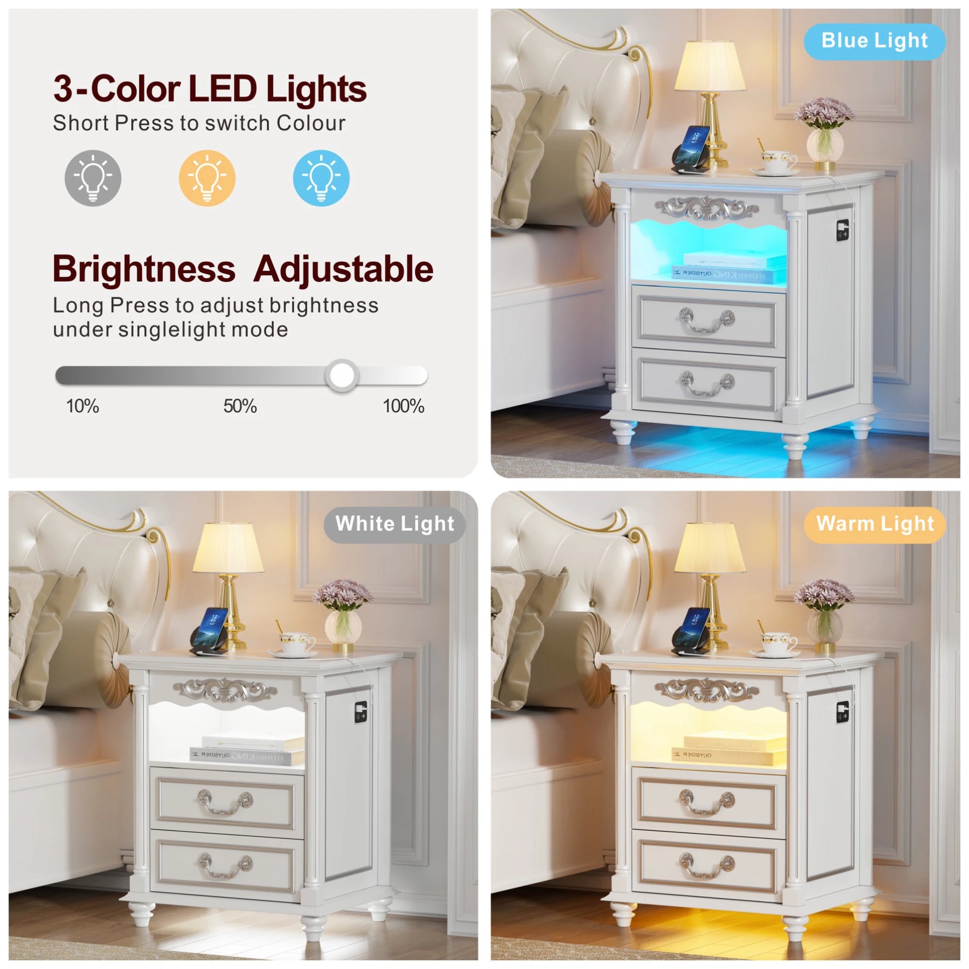 JDPAG Farmhouse Nightstand Gun Drawer 20 Inch Vintage Bedside Table LED Lights - Happy Home Retreat