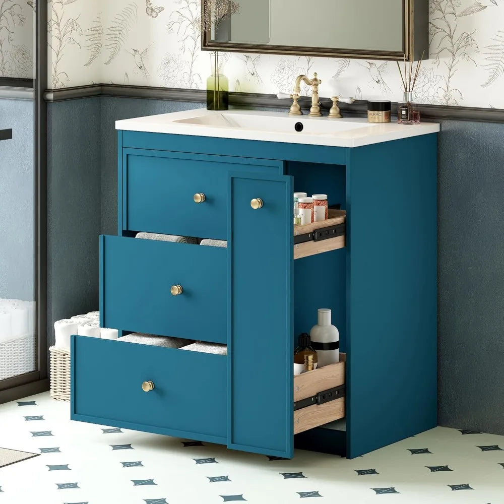30 Inch Bathroom Vanity with Ceramic Sink, Modern Bathroom Storage Cabinet with 2 Drawers and 1 Pull-Out Cabinet, Freestanding B - Happy Home Retreat