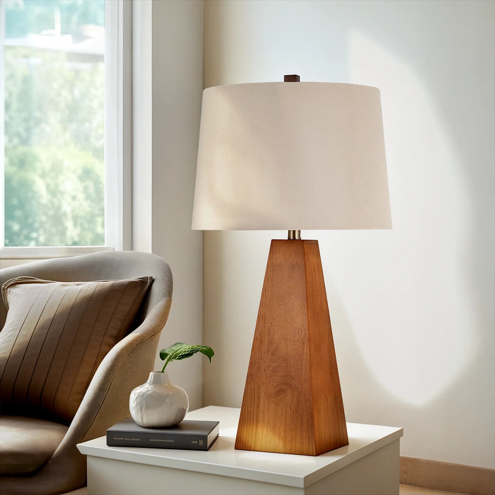 29'' Large Wood Table Lamp With Beige Linen Shade, Mid Century Modern Walnut Desk Lamp, For Living Room, Bedroom, Home Office - Happy Home Retreat