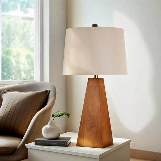 29'' Large Wood Table Lamp With Beige Linen Shade, Mid Century Modern Walnut Desk Lamp, For Living Room, Bedroom, Home Office - Happy Home Retreat