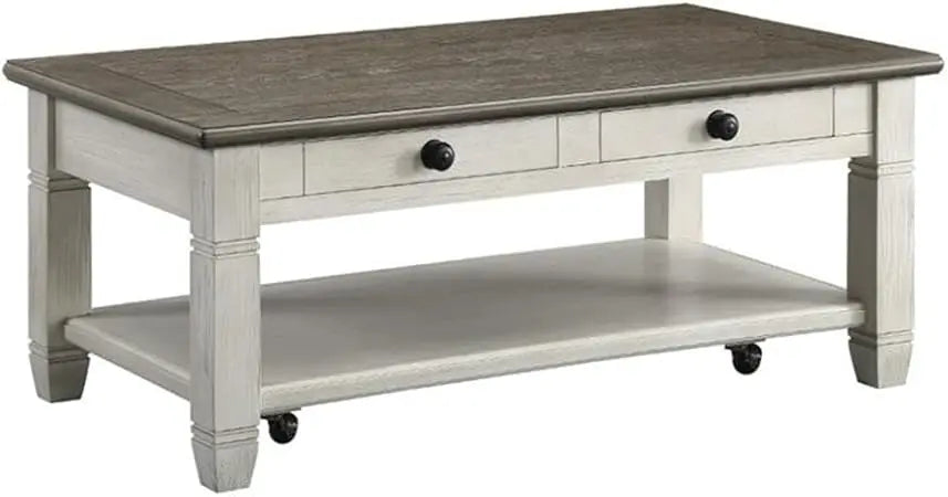 Granby Wood 2 Drawer Coffee Table in Antique White with Rosy Brown Finish - Happy Home Retreat