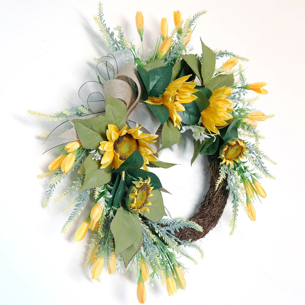 22 Inch Artificial Sunflower Wreath for Front Door Summer Decor with Burlap Bow and Leaves - Happy Home Retreat