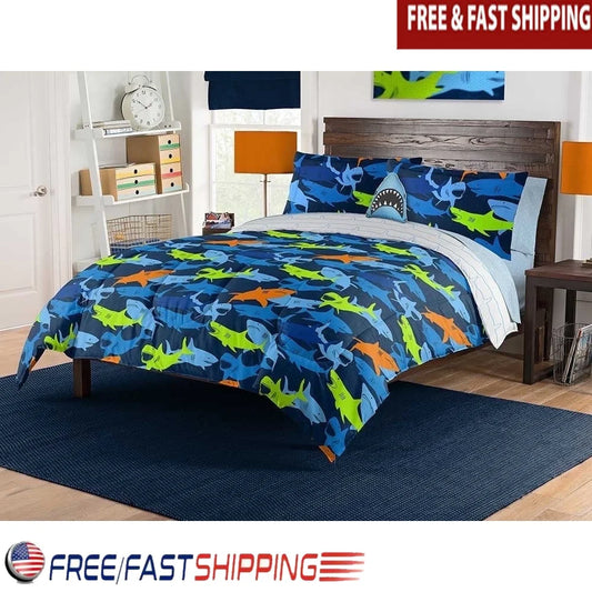 Kids Shark Adventure Full Bed In A Bag Set With Comforter Decorative Pillow 8 Piece Microfiber Bedding - Happy Home Retreat