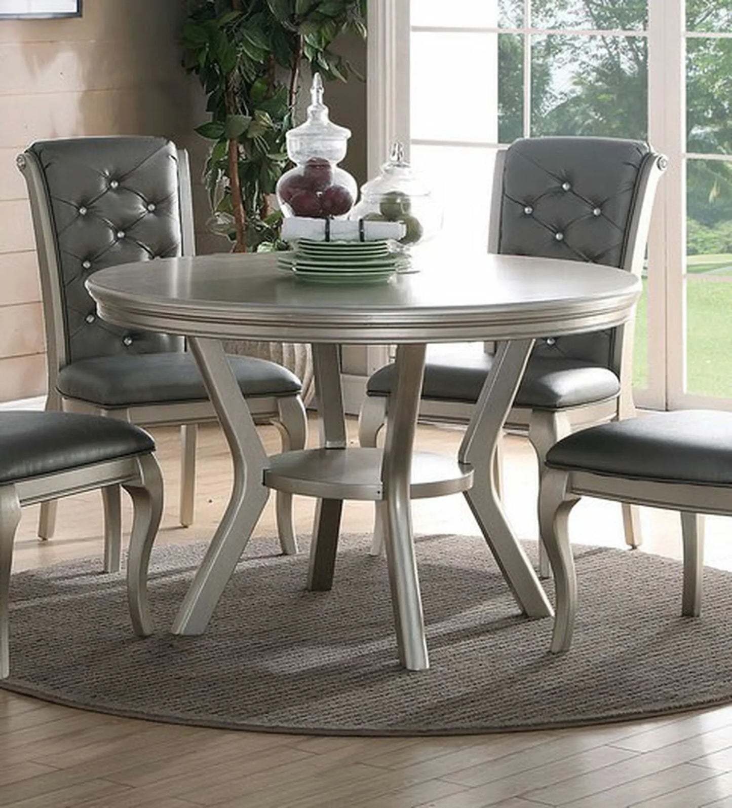 Round Silver Dining Table Set 5 Piece With Shelf And Tufted Back Chairs - Happy Home Retreat