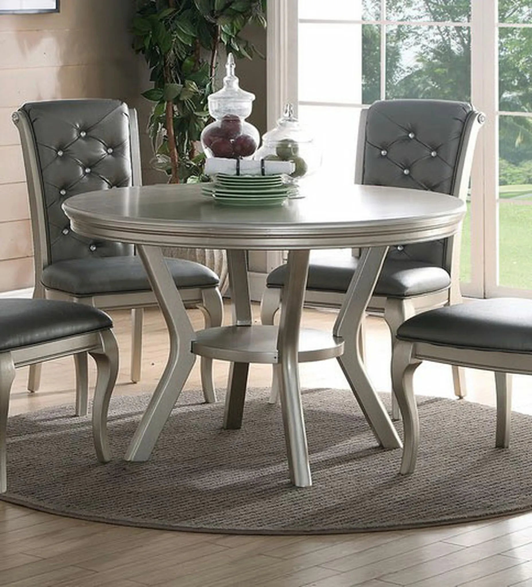 Round Silver Dining Table Set 5 Piece With Shelf And Tufted Back Chairs - Happy Home Retreat