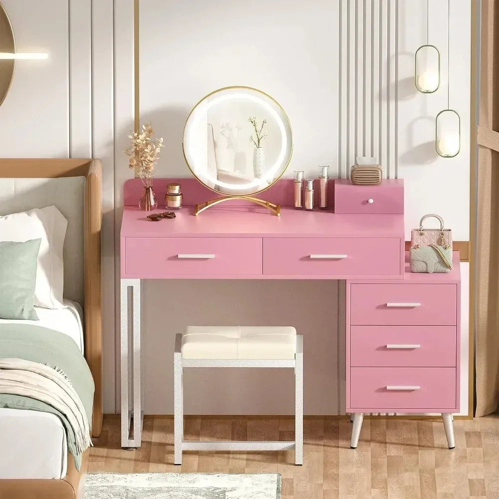 Pink Vanity Desk Set With Mirror And Lights 6 Drawers Cushioned Stool - Happy Home Retreat