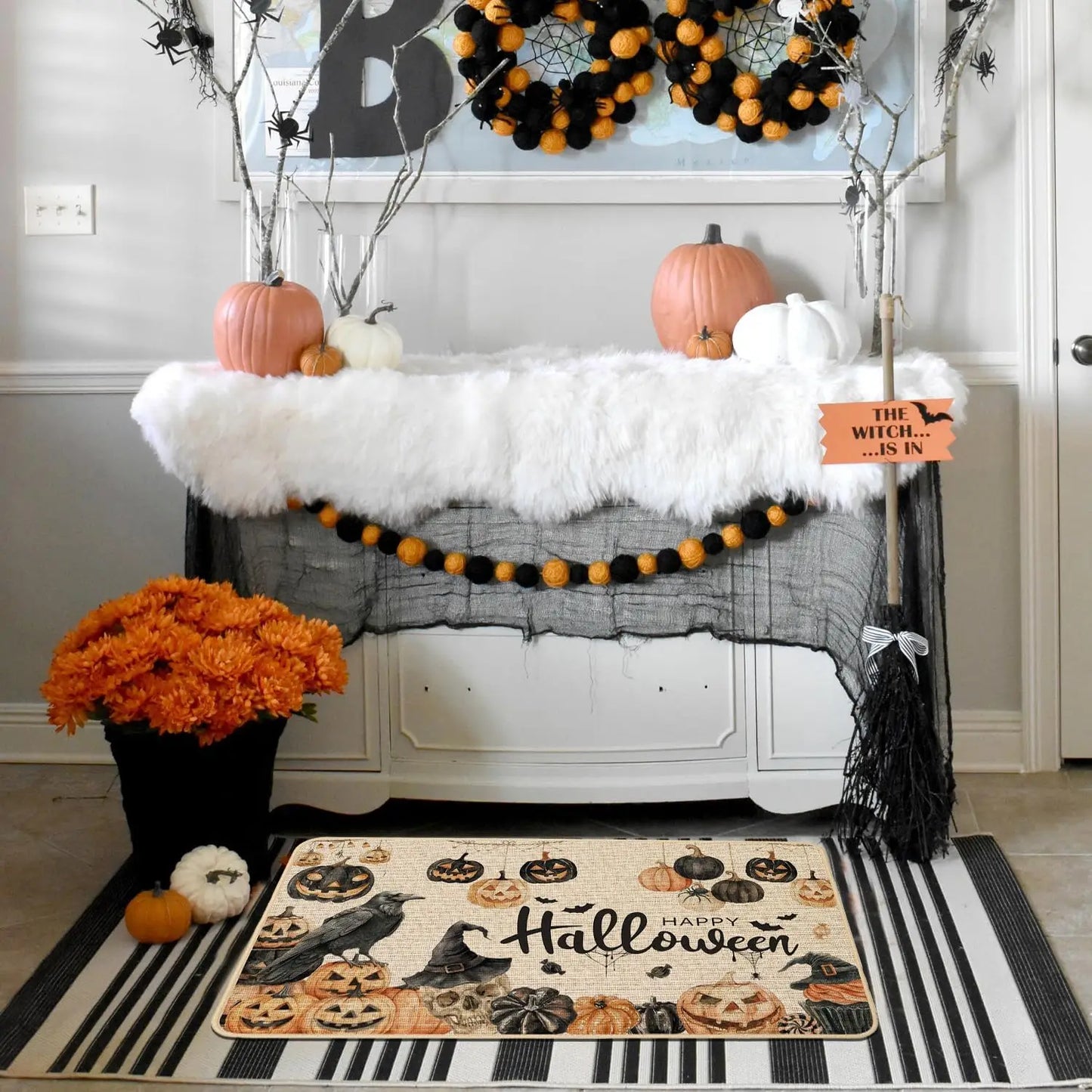 Happy Halloween Doormat Skull Pumpkins Non Slip Backing - Happy Home Retreat