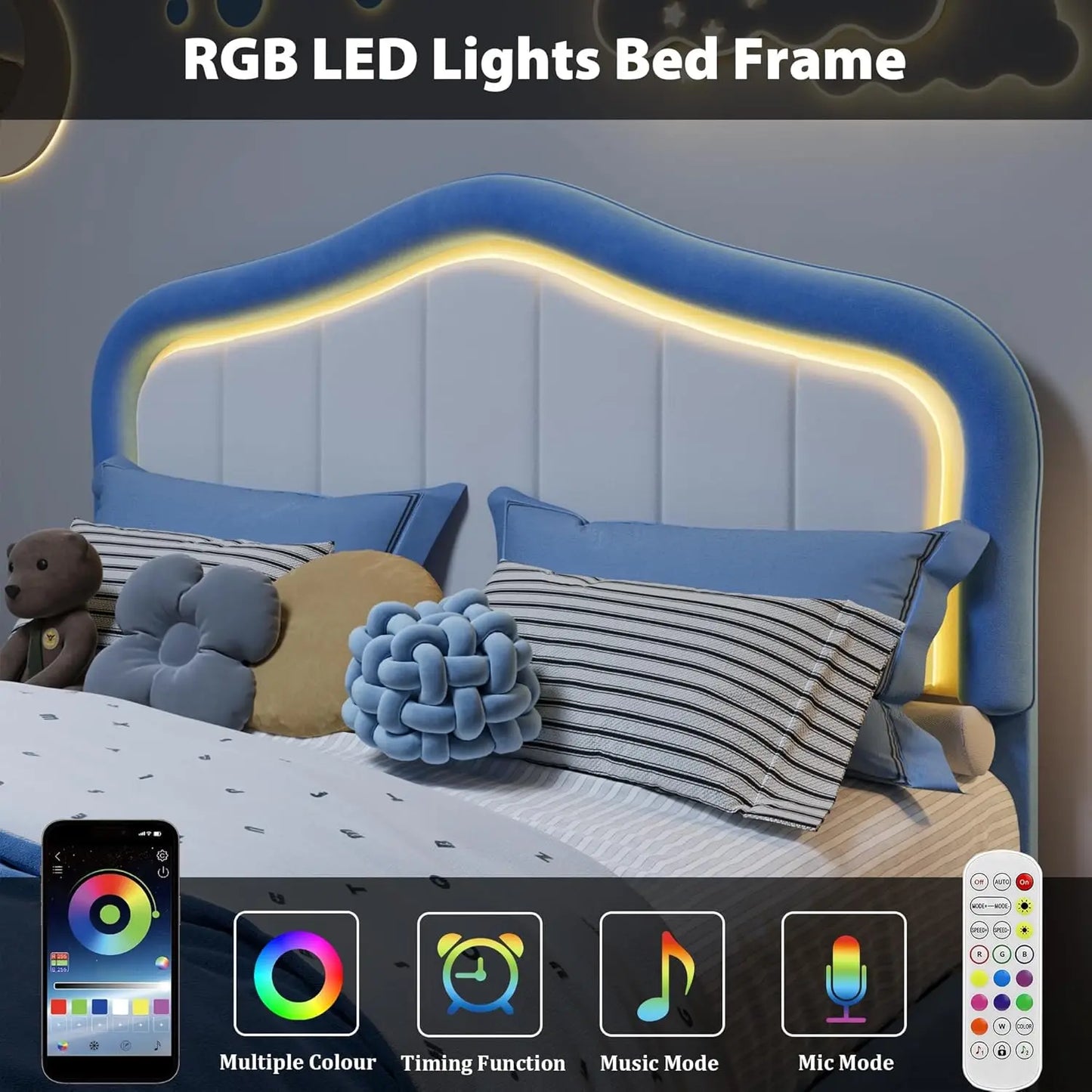 Kids Upholstered Platform Bed Frame With LED Crown Headboard Velvet Fabric - Happy Home Retreat