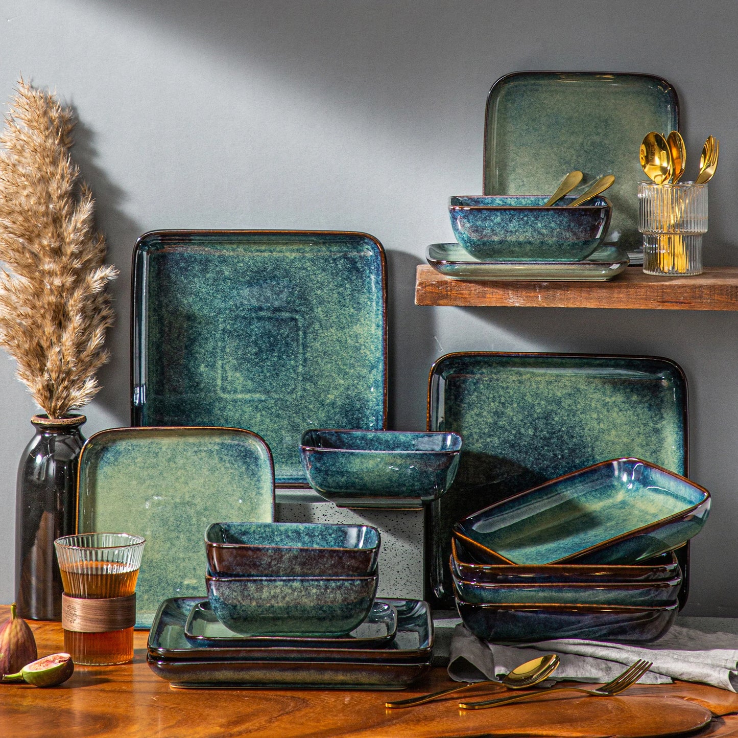 Vancasso Stern Dinner Set Green Square Kiln Change Glaze Tableware 16 Piece Kitchen Dinnerware Ceramic Crockery Set for Four Persons - Happy Home Retreat
