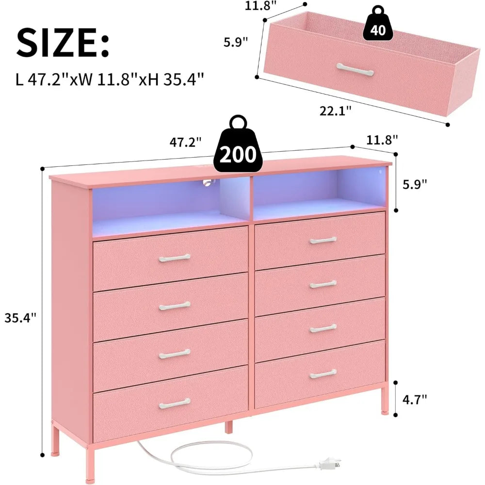 Pink Bedroom Dresser with LED Lights and Charging Station, 8 Fabric Drawers - Happy Home Retreat