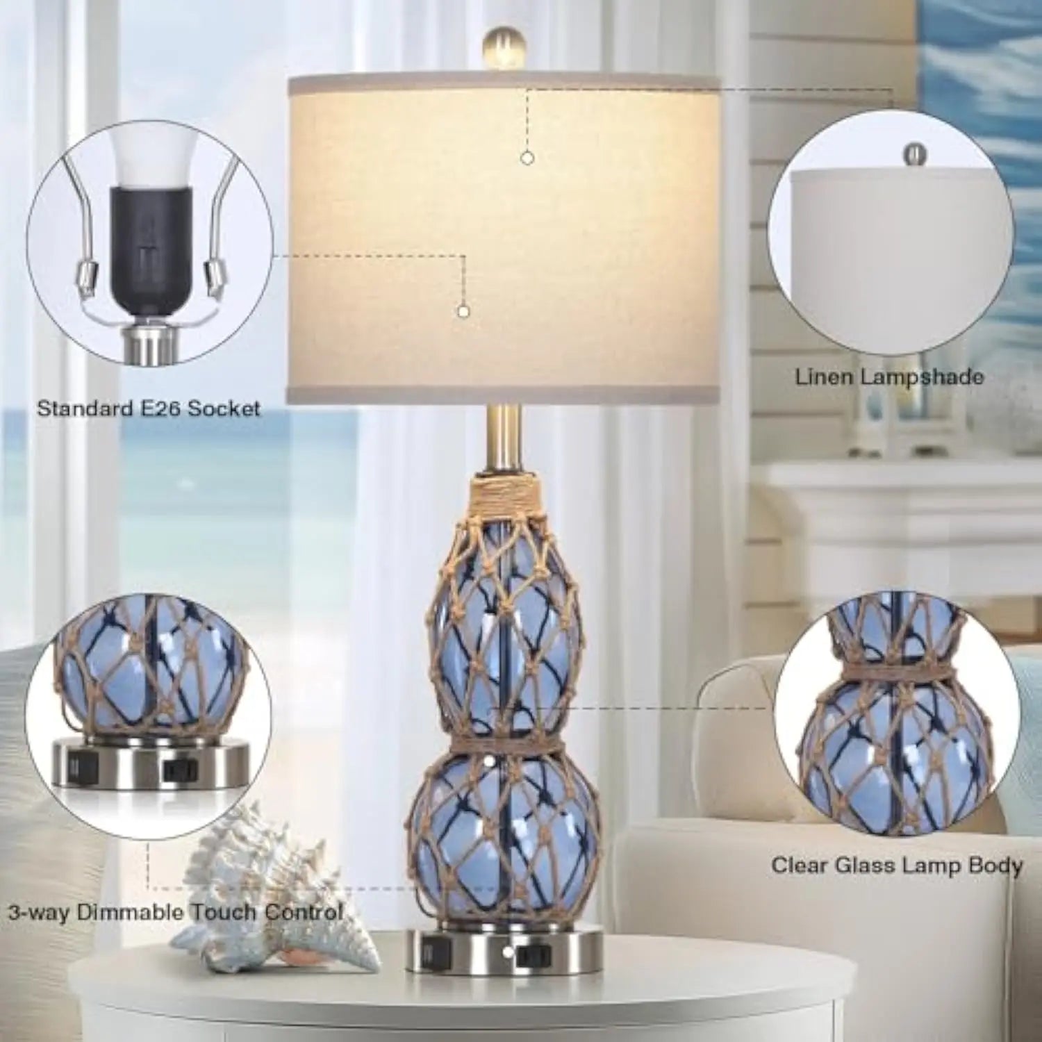 26 Coastal Glass Table Lamps Set of 2 3 Way Dimmable Touch Lamps with USB Ports and AC Outlet Nautical Bedside Lamps for Bedroom - Happy Home Retreat