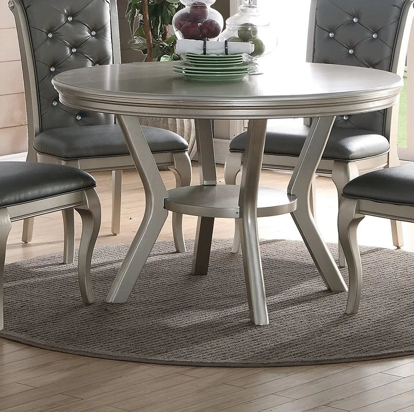 Round Silver Dining Table Set 5 Piece With Shelf And Tufted Back Chairs - Happy Home Retreat