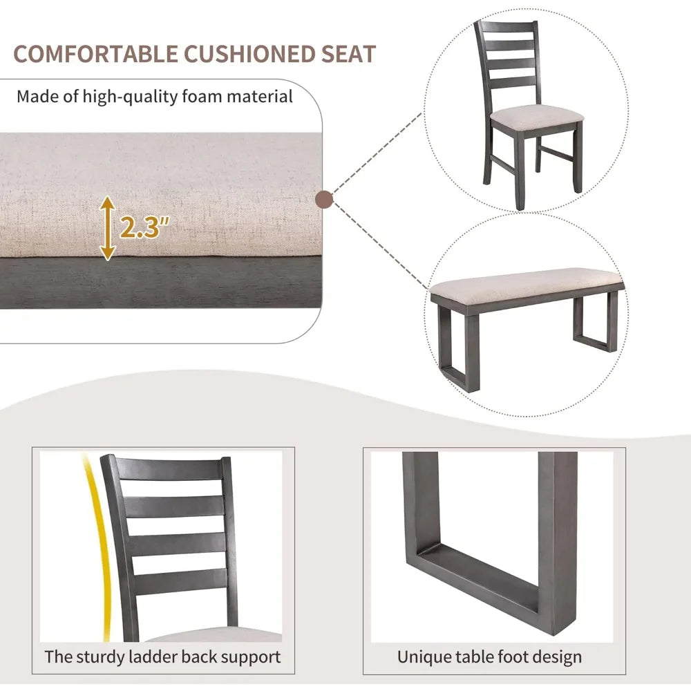 MKDK 6 Piece Dining Table Set Gray Upholstered Table With 4 Chairs And Bench - Happy Home Retreat