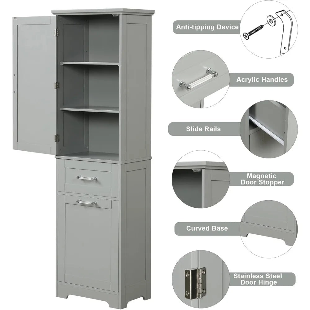 Tall Bathroom Storage Cabinet, Freestanding Storage Cabinet with 1 Door, 2 Different Size Drawers for Bathroom Living Room (Grey - Happy Home Retreat