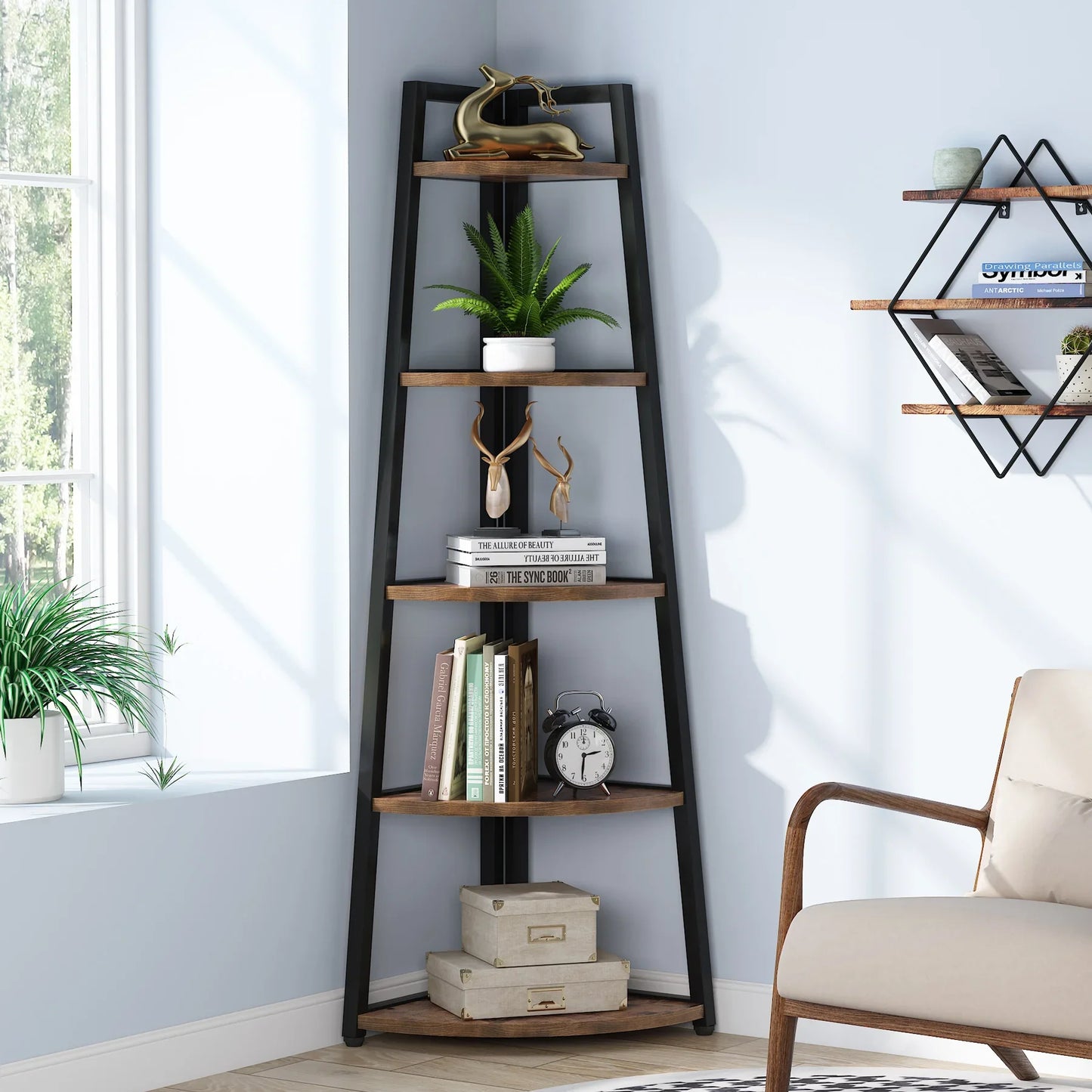 Tribesigns Modern Corner Bookcase Wooden Bookshelf Storage Rack with 5 Tiers - Happy Home Retreat