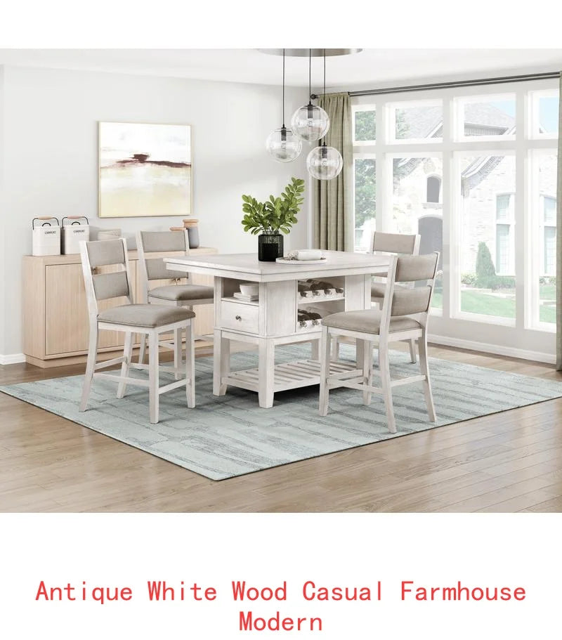 5-Piece Counter Height Dining Set With Antique White Table And Storage Drawers - Happy Home Retreat