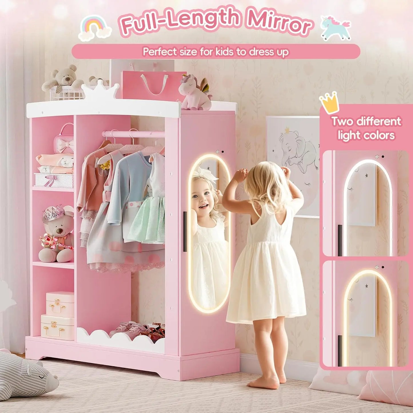 Kids Armoire With Jewelry Cabinet And Mirror Dress Up Wardrobe Pink - Happy Home Retreat