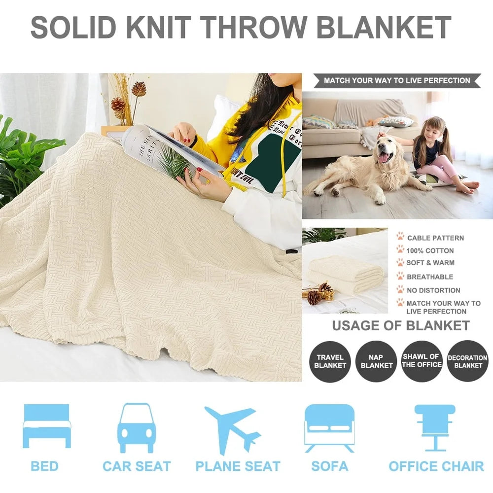 Cotton Knitted Decorative Throw Blanket Soft Warm Breathable Couch Sofa Bed Classic Cable Design Machine Washable Gift - Happy Home Retreat