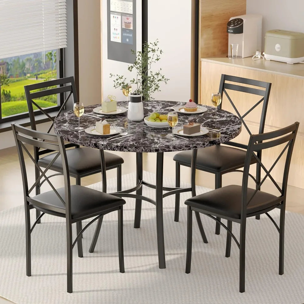 5 Piece Dining Table Set for 4 with Faux Marble Dinette Chairs - Happy Home Retreat