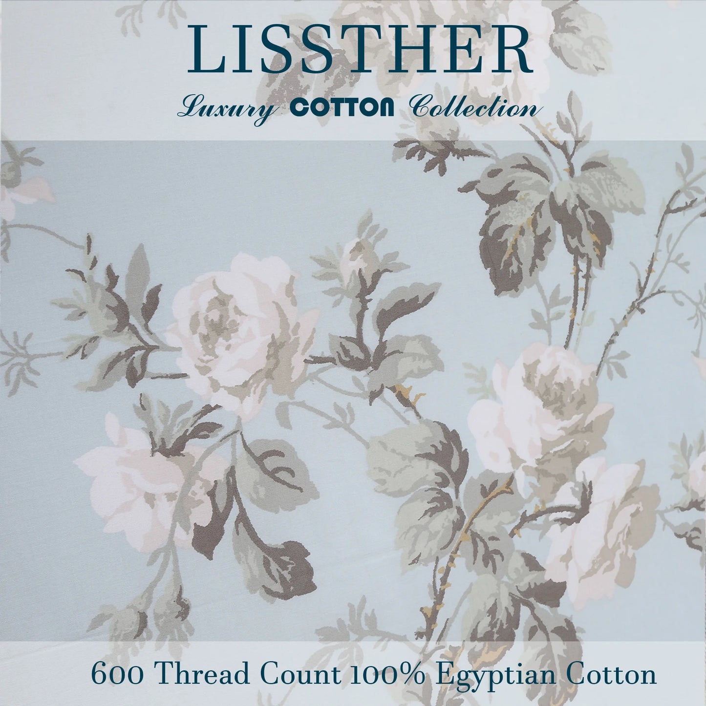 3pcs 600TC 100% Egyptian Cotton Duvet Cover Set, Vintage Blue Gray Floral, Soft Breathable Skin-Friendly (No Inserts) - Happy Home Retreat