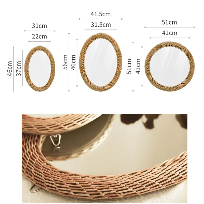 Nordic Rattan Wall Mirror Handwoven Boho Vanity Decor Rustic Living Room - Happy Home Retreat